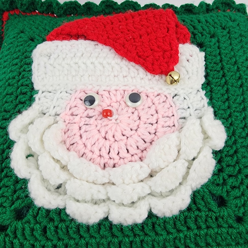 Crochet Santa Pillow 14"x13" Christmas Holiday Gift Jingle Bell Red Green - Picture 2 of 6